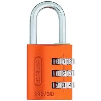 Cadenas à combinaison 145/30 aluminium avec revêtement anodisé - Largeur du coffre : 31,5 mm - Diamètre de l'anse : 5 mm - Hauteur de l'anse : 26 mm - orange