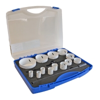 Coffret de scies cloche TR13 HSS Bimétal M3 - 13 trépans de diamètre : 19/20/22/25/29/35/38/40/48/60/65/68/86 - 3 arbres de montage 605 : P/2 + P/5 + R