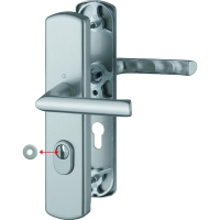 Ensemble de sécurité béquille CONFLUENCE F9 sur grande plaque - Fonction : béquille extérieure - Épaisseur de porte : 47/52 mm - Section du carré : 7 mm - Entraxe : 195 mm