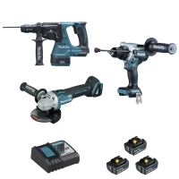 Lot de 3 outils électroportatifs DLX3157TJ - 18V - DDF486, DHR243, DGA506, 2 batteries 5 Ah, chargeur