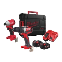 Lot de 2 outils électroportatifs MILWAUKEE 18V M18 BLPP2B3-502X POWERPACK BLPP2B3 502X : Visseuse à chocs 1/4" Hex M18 BLIDR + Perceuse visseuse M18 BLDD2 avec 2 batteries 5 Ah, un chargeur rapide et un coffret