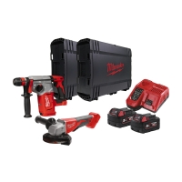 Lot de 2 outils électroportatifs 18V MILWAUKEE M18 BLPP2G-502X avec Perforateur M18 BLHX-0X SDS+ 26 mm, Meuleuse d'angle BLSAG125XPD 125 mm, 2 batteries et un chargeur