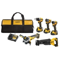 Lot de 5 outils électroportatif DEWALT DCK509P3 avec Perceuse DCD800NT-XJ +Visseuse à chocs DCF850NT-XJ +Boulonneuse ½’’ DCF922NT-XJ + Meuleuse 125mm DCG405NT-XJ +Scie sabre DCS386NT-XJ avec 3 batteries, chargeur et sac souple